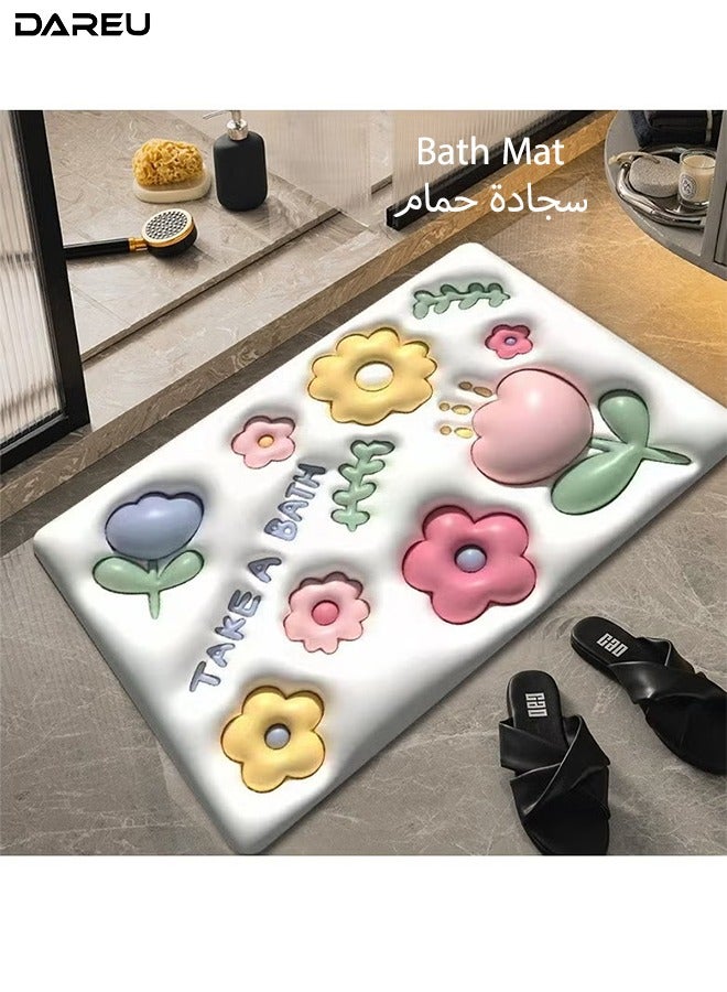 DAREU 3D Non-Slip Diatom Mud Bath Mat 40×60 cm – Quick Dry Super Absorbent Bathroom Carpet with Flower Design - Image 1