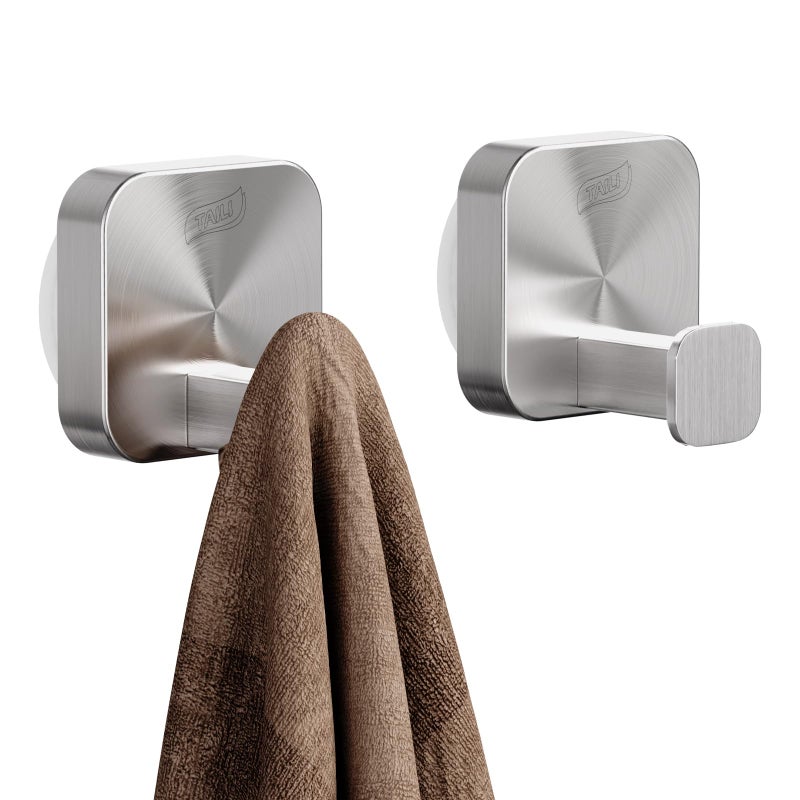 TAILI 304 Stainless Steel Bathroom Suction Hook for Towel Loofah Bathrobe Patented Strong Suction Cup DamageFree Hanging Glass Shower Wall Hook Hold Up to 11 Lbs 2 Pack Modern Square Silver