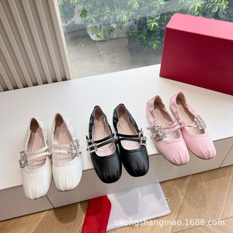 High-End Shallow Pleated Lambskin Rhinestone Double Buckle Flat Ballet Shoes Single Shoes Mary Jane Shoes - Image 2