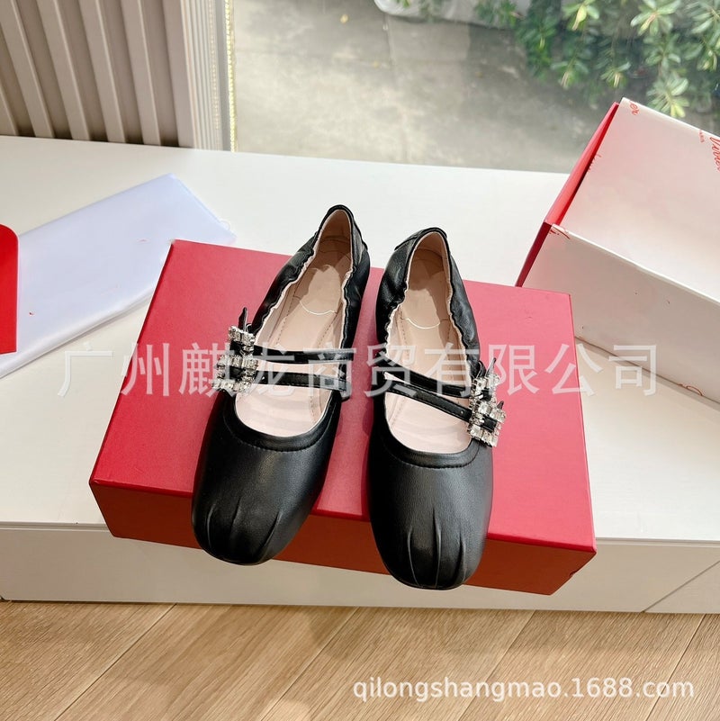High-End Shallow Pleated Lambskin Rhinestone Double Buckle Flat Ballet Shoes Single Shoes Mary Jane Shoes - Image 4