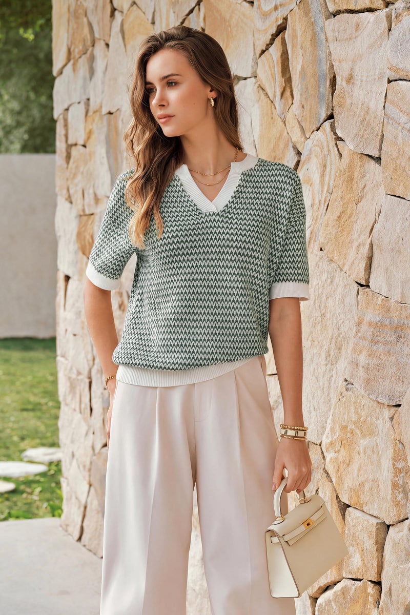 Arach&Cloz Women's 100% Cotton Short Sleeve Sweater Polo V Neck Pullover Knit Spring Summer St. Patrick Day Shirts Casual Trendy Fashion 2026 Green S - Image 5