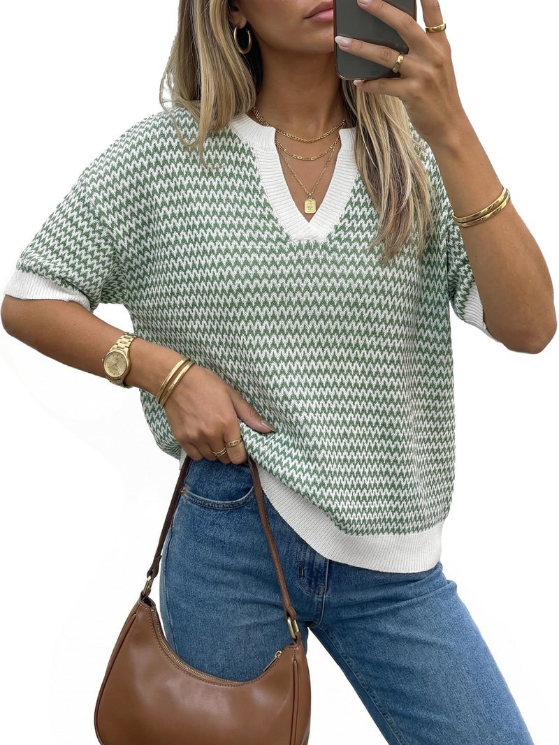 Arach&Cloz Women's 100% Cotton Short Sleeve Sweater Polo V Neck Pullover Knit Spring Summer St. Patrick Day Shirts Casual Trendy Fashion 2026 Green S - Image 1