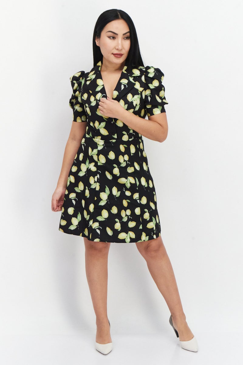 trendyol فستان ميدي قصير الأكمام بطبعة شاملة للنساء، أسود - Image 3