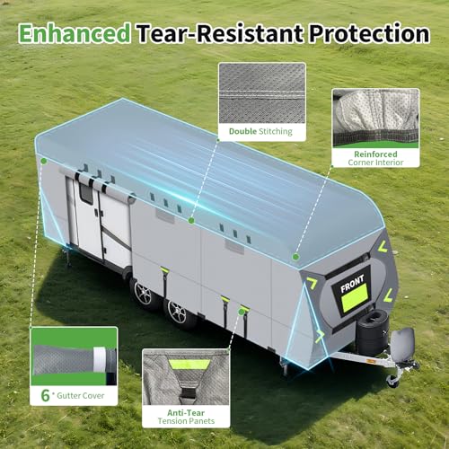 Xenjum Heavy Duty 8 Layers RV Cover 24-27ft, Rip-Stop Motorhome Camper Cover with Windproof Straps, Gutter & Tongue Jack Covers, Utility Travel Trailer Cover for All Weather Protection - Image 3