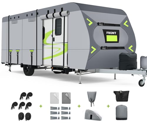 Xenjum Heavy Duty 8 Layers RV Cover 24-27ft, Rip-Stop Motorhome Camper Cover with Windproof Straps, Gutter & Tongue Jack Covers, Utility Travel Trailer Cover for All Weather Protection - Image 1