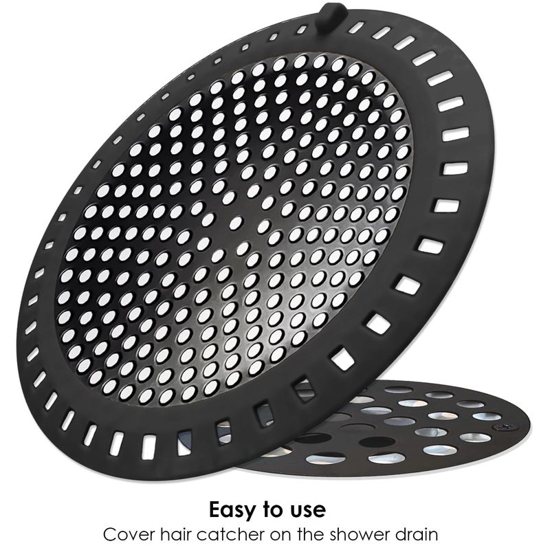 Seatery 2PCS Shower Hair Drain Catcher/Strainer/Cover/Filter/Trap, Hair Stopper Floor Drain, Stainless Steel with Silicone Edge Drain Protector, Black, 4.75 Inch Diameter - Image 3