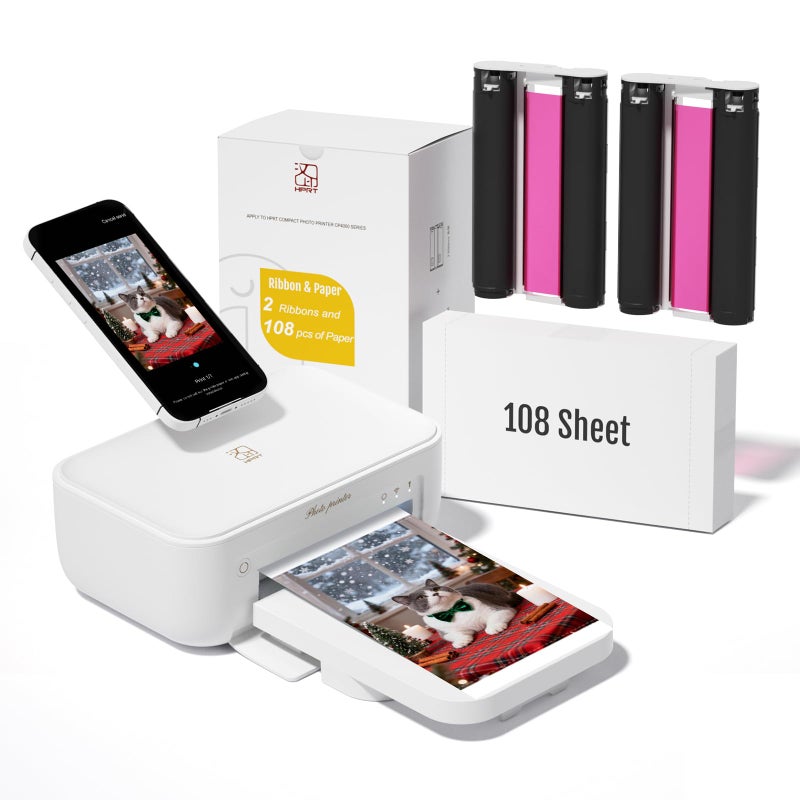 HPRT Photo Printer 4x6 with 108 Sheet Photo Paper& 2 Ribbon, Instant Picture Printer for iPhone, Smartphone, Thermal Dye Sublimation, WI-Fi Connnecting, Home Use, White - Image 1