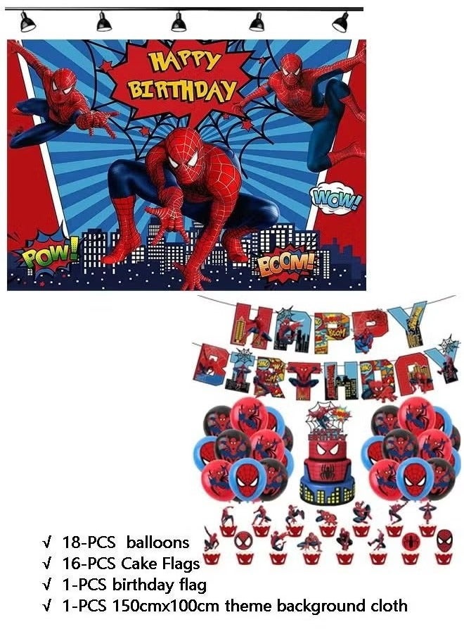 36-piece Set Of Spiderman Theme Suit Birthday Party Balloons PartySupplies Including Spiderman Background Cloth (Size 150cmx100cm) - Image 2