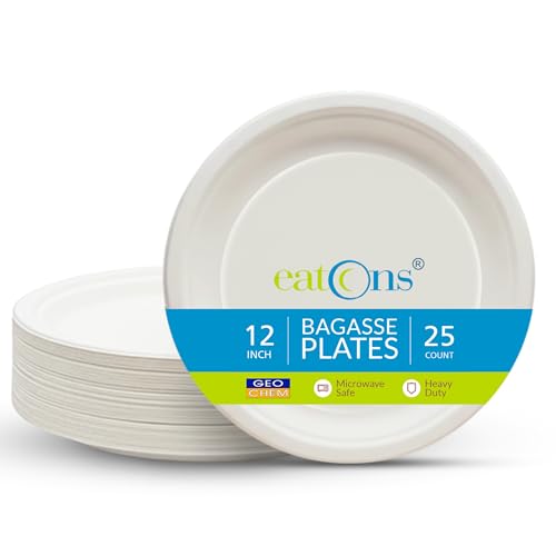 EATONS 12 inch, 25 Pack Disposable Bagasse Plates | Eco-Friendly, Disposable Plates Big Size | Dinner Paper Plates | Birthday, Wedding & Party | Round, White (30 cm) - Image 1