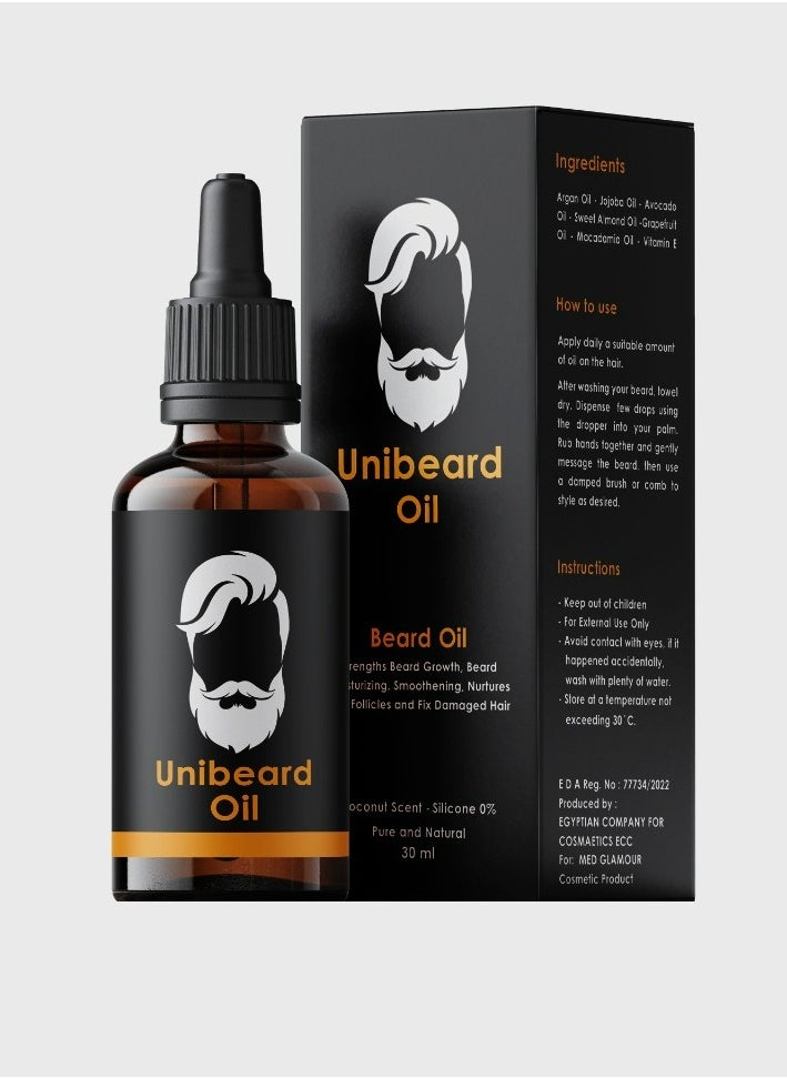 Unibeard oil Beard Oil 30ml for strengthening beard growth and nurturing hair follicles - with Argan, Jojoba, Avocado, Sweet Almond, Grapefruit, Macademia and Vitamin E - Unibeard oil with coconut scent  - Image 1
