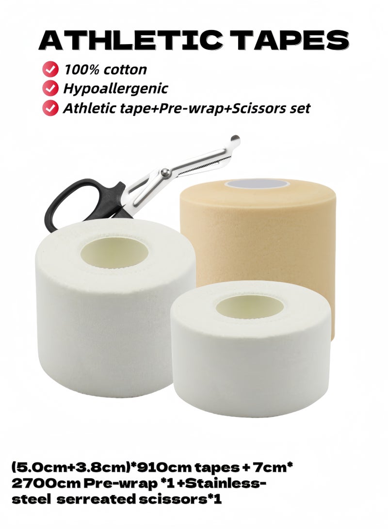 Generic (5.0+3.8)*910cm 2 White Athletic Tapes, 7*2700cm 1 Skin Foam Pre-wrap, & 1 Stainless Steel Scissors, Sports Protection Set,Very Strong, Easy Tear, No Sticky Residue Tape for Athlete & Sport Trainers & First Aid Injury Wrap, Suitable for Basketball, Bats, Tennis, Gymnastics, Boxing, etc. - Image 1