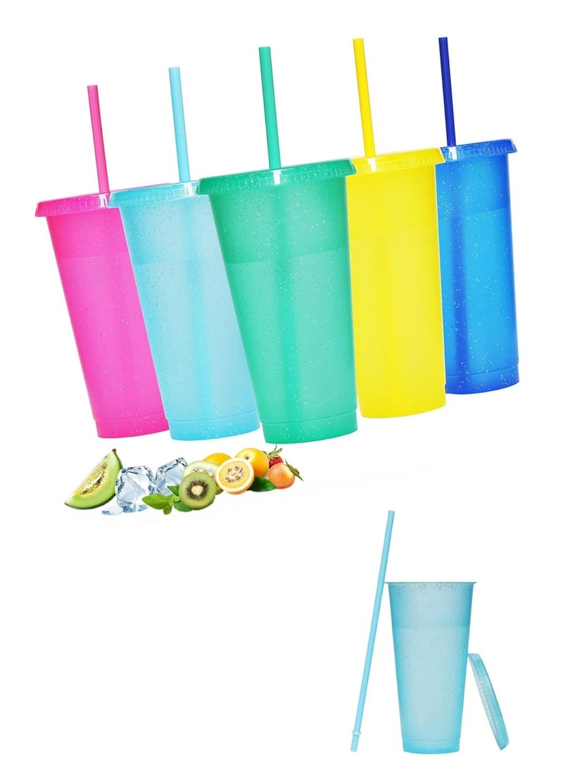 Beauenty 24oz Reusable Plastic Cups - 5-Pack with Lids and Straws - Ideal for Parties, Iced Coffee, Juices  - Image 1