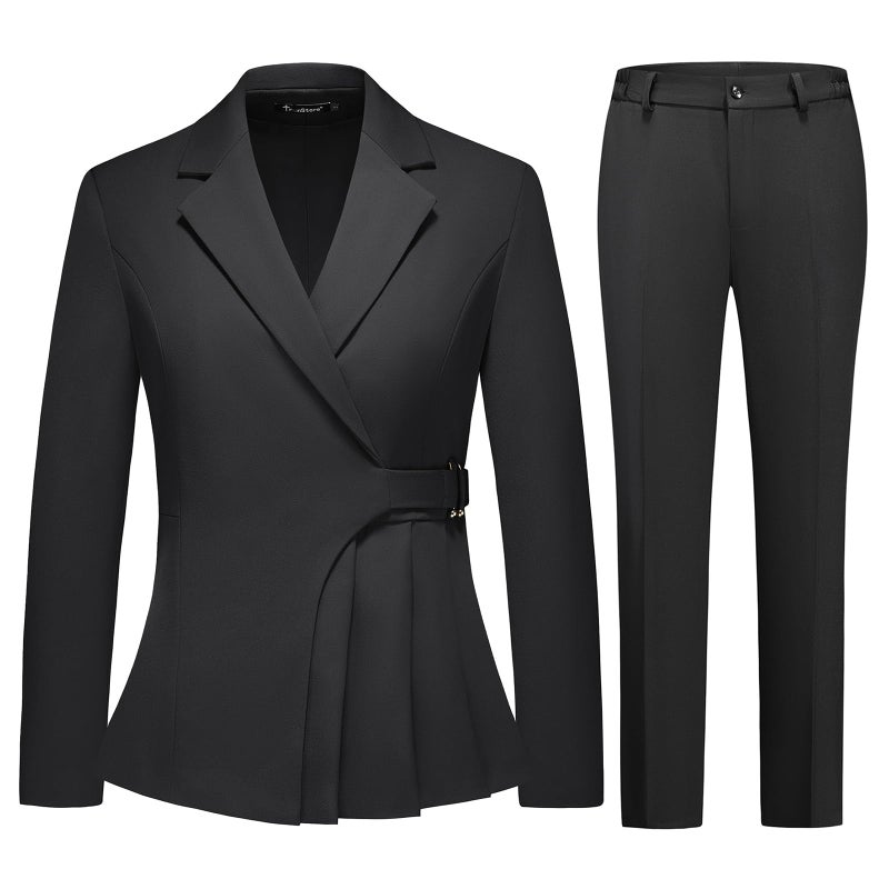 TRONSTORE Women's Pants Suit Solid Jacket 2 Piece Set Irregular Blazer Suit Business Casual Black XXL - Image 1