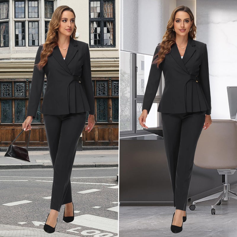 TRONSTORE Women's Pants Suit Solid Jacket 2 Piece Set Irregular Blazer Suit Business Casual Black XXL - Image 5