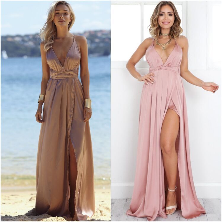 European and American sleeveless halter straps elastic high waist sexy solid color open back V-neck women's dress beach dress (single) Champagne (single) XXL - Image 2