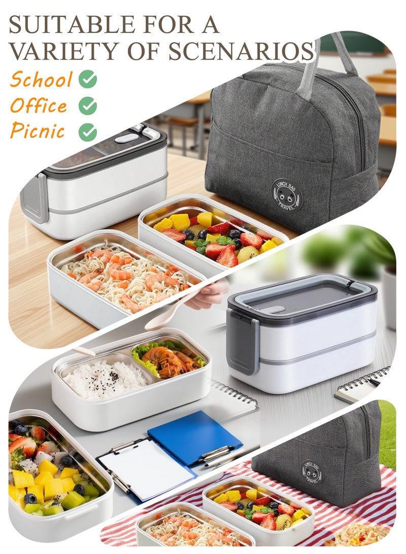 Stainless Steel Lunch Box (1400ml) – Double-Layer, Microwave-Safe, Made of 304 Leakproof Stainless Steel – Detachable with Thermal Insulation – Ideal for Adults, Students, Office, or School – Includes Thermal Bag and Cutlery. - Image 5