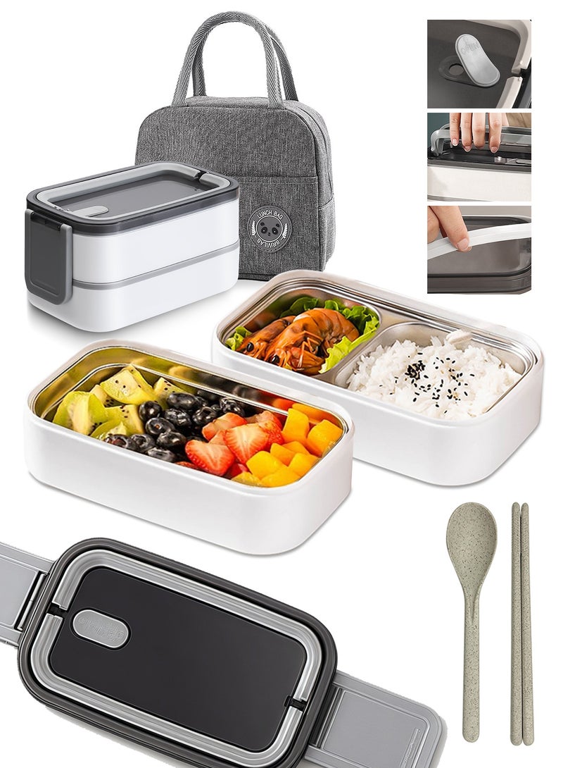 Stainless Steel Lunch Box (1400ml) – Double-Layer, Microwave-Safe, Made of 304 Leakproof Stainless Steel – Detachable with Thermal Insulation – Ideal for Adults, Students, Office, or School – Includes Thermal Bag and Cutlery. - Image 1