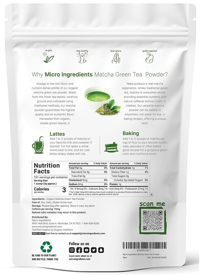 Micro Ingredients مسحوق شاي ماتشا الأخضر العضوي، 1 رطل | حصاد أول متميز ياباني لمشروبات يومية | 100% نقي من الدرجة الطهو | بدون سكر، أكياس قابلة لإعادة التدوير صديقة للبيئة - Image 2