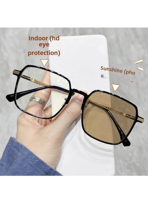 Photosensitive Color-changing Glasses Women's Trendy Powder Blue Color-matching High Color Value Ultra-light Large Frame Slim Plain Mirror