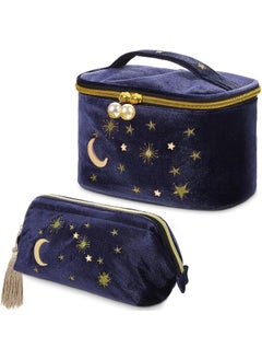 Patelai Patelai 2 Pcs Velvet Stars Makeup Bag Cosmetic Bag Handy Travel Starry Makeup Pouch Portable Embroidered Pouch Toiletry Wash Bag Cute Storage Bag Clutch Handbags(Navy,Sun Moon) 