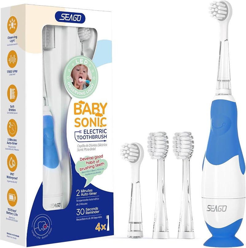 SEAGO Toddler Electric Toothbrushes for Baby Ages 0-3 Years, Baby Toothbrush with Smart Timer and Suction Base, 4 Replacement Brush Heads SG-513 - Image 1