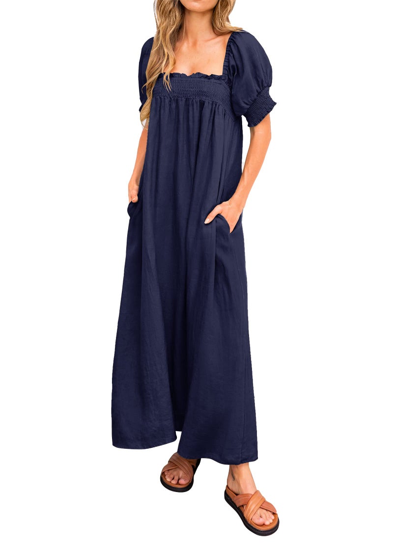 KIRUNDO Women 2025 Summer Maxi Dress Casual Loose Puff Sleeve Square Neck Maternity Flowy Long Beach Dresses with Pockets(Navy, Medium) - Image 1