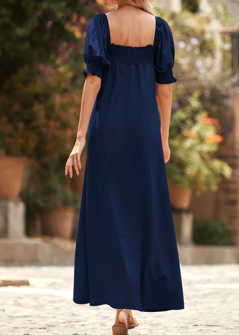 KIRUNDO Women 2025 Summer Maxi Dress Casual Loose Puff Sleeve Square Neck Maternity Flowy Long Beach Dresses with Pockets(Navy, Medium) - Image 5