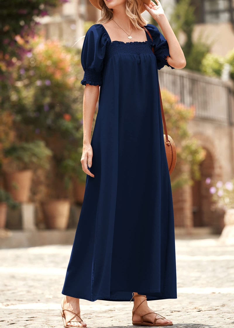 KIRUNDO Women 2025 Summer Maxi Dress Casual Loose Puff Sleeve Square Neck Maternity Flowy Long Beach Dresses with Pockets(Navy, Medium) - Image 3
