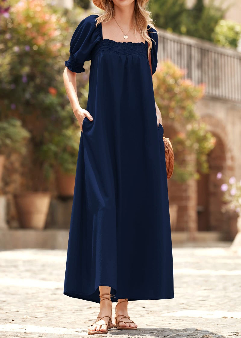 KIRUNDO Women 2025 Summer Maxi Dress Casual Loose Puff Sleeve Square Neck Maternity Flowy Long Beach Dresses with Pockets(Navy, Medium) - Image 2