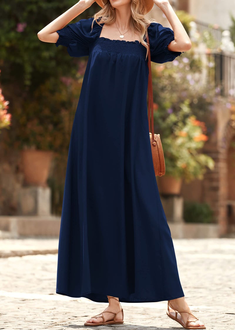 KIRUNDO Women 2025 Summer Maxi Dress Casual Loose Puff Sleeve Square Neck Maternity Flowy Long Beach Dresses with Pockets(Navy, Medium) - Image 4