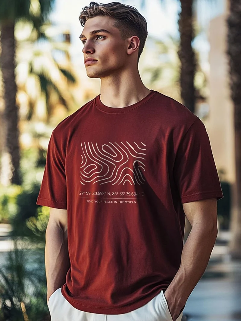 NOBERO Men's Burgundy Cotton Graphic T-Shirt