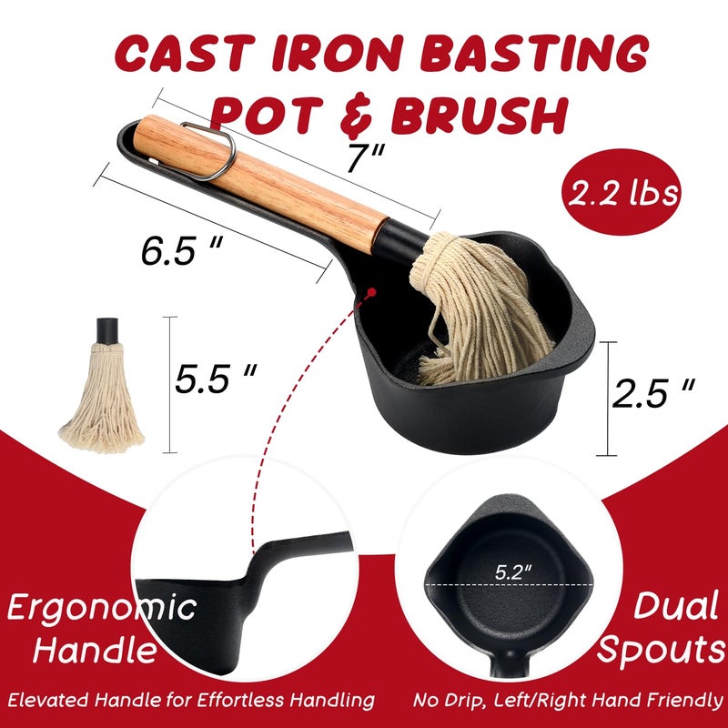 IPROUDER Cast Iron Sauce Pan and Basting Pot with BBQ Mop Brushes - Cast Iron Small Sauce Pots 2 Pcs for Grilling, Melting, Camping Cooking & Stoves - Mini Pot for Butter Melter - Image 2