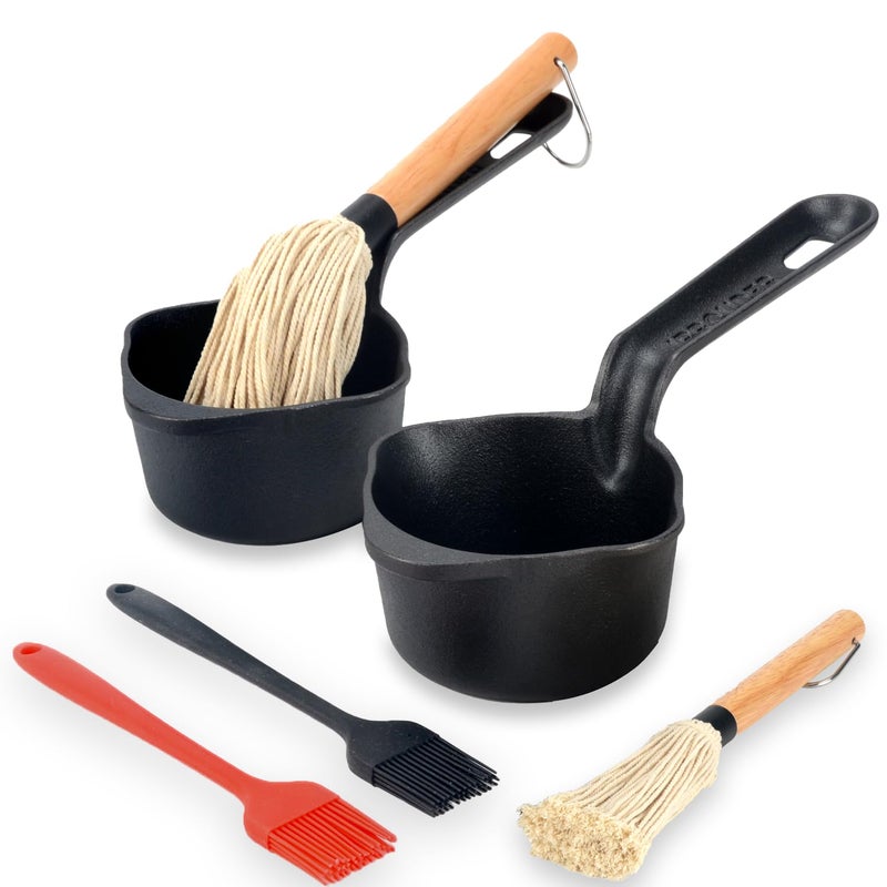 IPROUDER Cast Iron Sauce Pan and Basting Pot with BBQ Mop Brushes - Cast Iron Small Sauce Pots 2 Pcs for Grilling, Melting, Camping Cooking & Stoves - Mini Pot for Butter Melter - Image 1