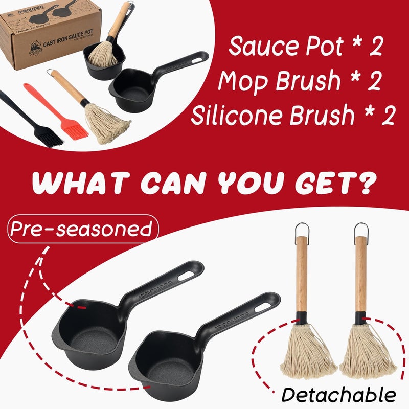 IPROUDER Cast Iron Sauce Pan and Basting Pot with BBQ Mop Brushes - Cast Iron Small Sauce Pots 2 Pcs for Grilling, Melting, Camping Cooking & Stoves - Mini Pot for Butter Melter - Image 4