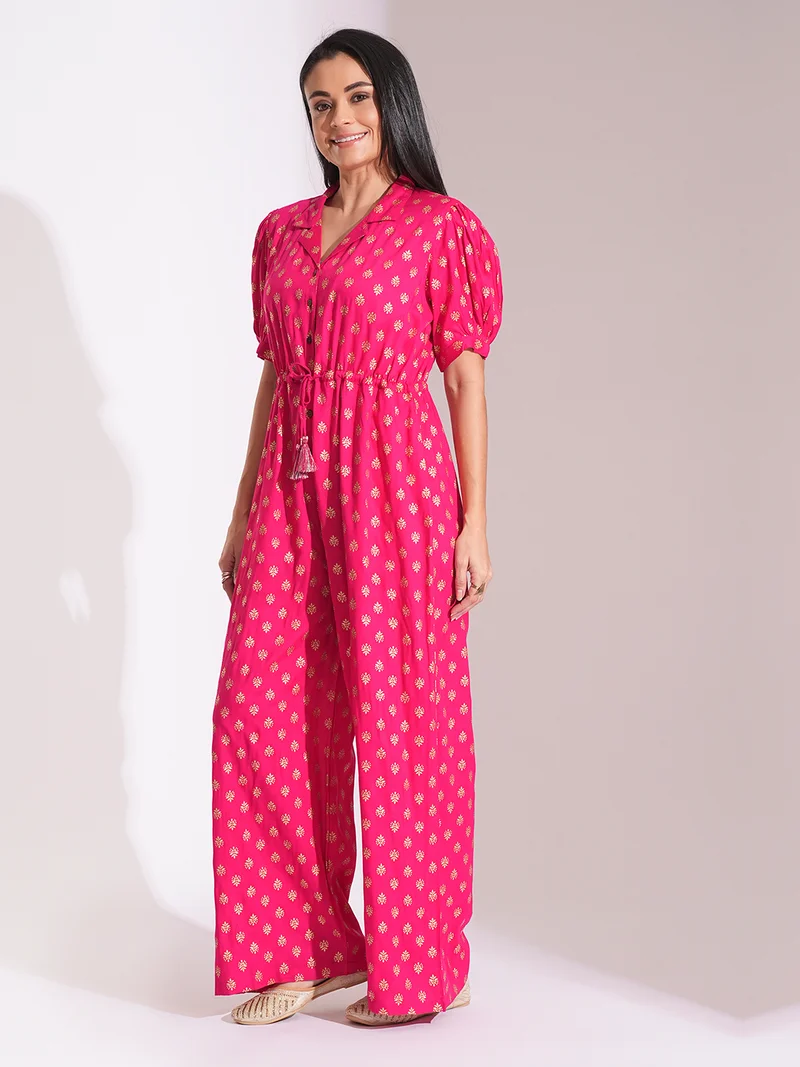 globus Globus Women Notched Lapel Puff Sleeves Ethnic Foil Print Tie-Up Tassel Detail Fusion Jumpsuit