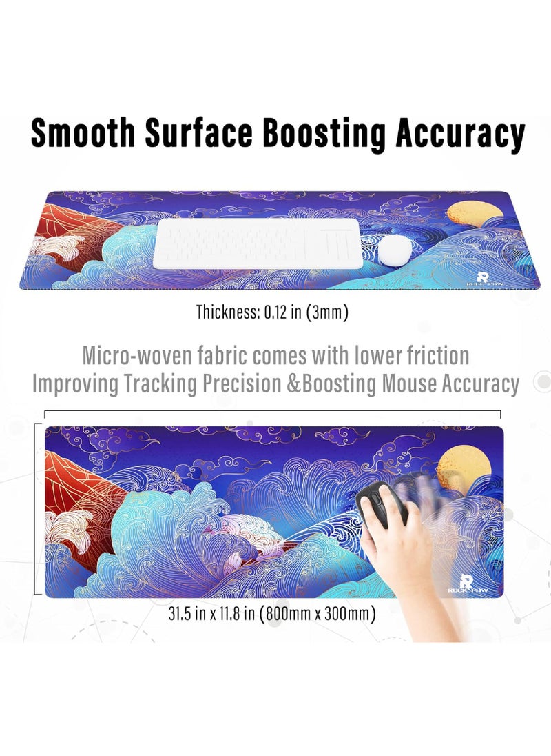 Rock Pow - Large Gaming Mouse Pad with Stitched Edges, Japanese Wave and Sun Desk Mat, Extended XL Mousepad with Anti-Slip Base, Cute Minimalist Desk Pad for Keyboard and Mouse,800X300X3MM - Image 1