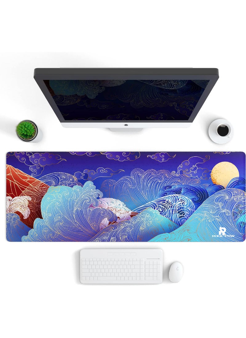 Rock Pow - Large Gaming Mouse Pad with Stitched Edges, Japanese Wave and Sun Desk Mat, Extended XL Mousepad with Anti-Slip Base, Cute Minimalist Desk Pad for Keyboard and Mouse,800X300X3MM - Image 1