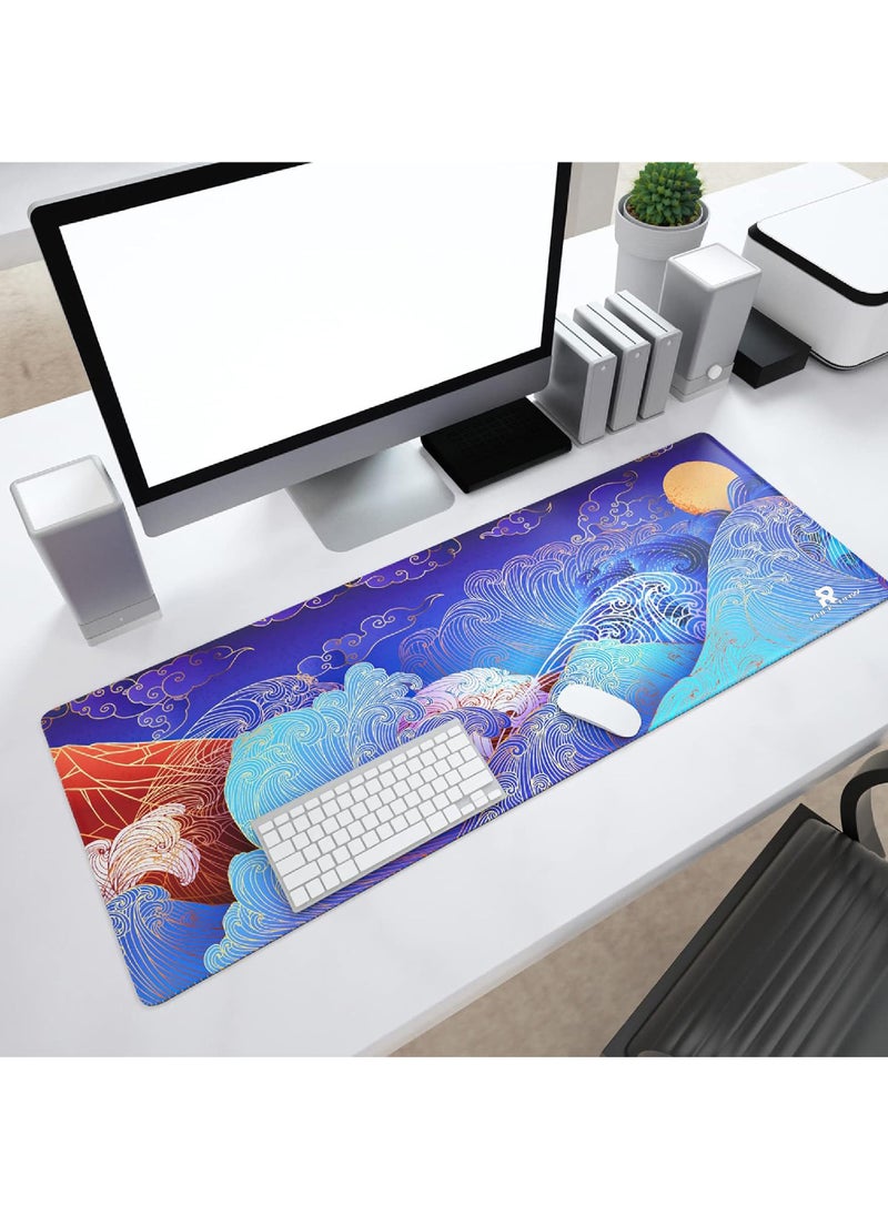Rock Pow - Large Gaming Mouse Pad with Stitched Edges, Japanese Wave and Sun Desk Mat, Extended XL Mousepad with Anti-Slip Base, Cute Minimalist Desk Pad for Keyboard and Mouse,800X300X3MM - Image 1