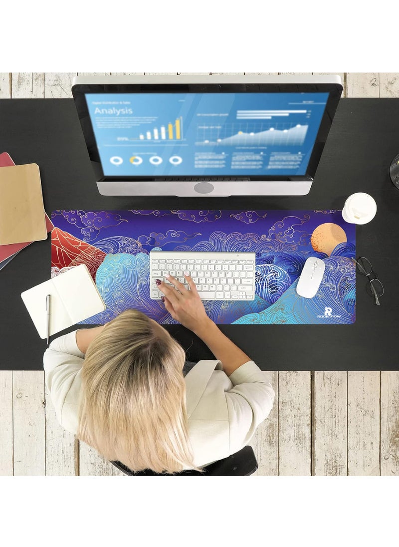 Rock Pow - Large Gaming Mouse Pad with Stitched Edges, Japanese Wave and Sun Desk Mat, Extended XL Mousepad with Anti-Slip Base, Cute Minimalist Desk Pad for Keyboard and Mouse,800X300X3MM - Image 1