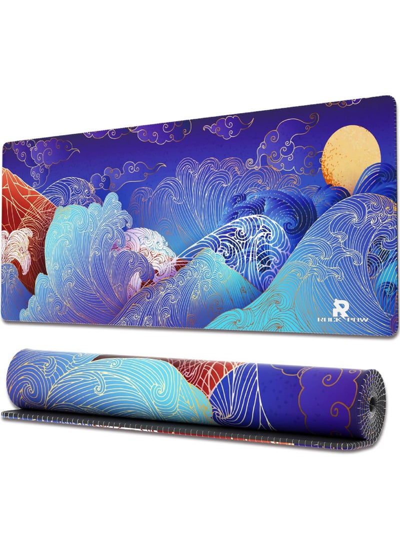 Rock Pow - Large Gaming Mouse Pad with Stitched Edges, Japanese Wave and Sun Desk Mat, Extended XL Mousepad with Anti-Slip Base, Cute Minimalist Desk Pad for Keyboard and Mouse,800X300X3MM - Image 1