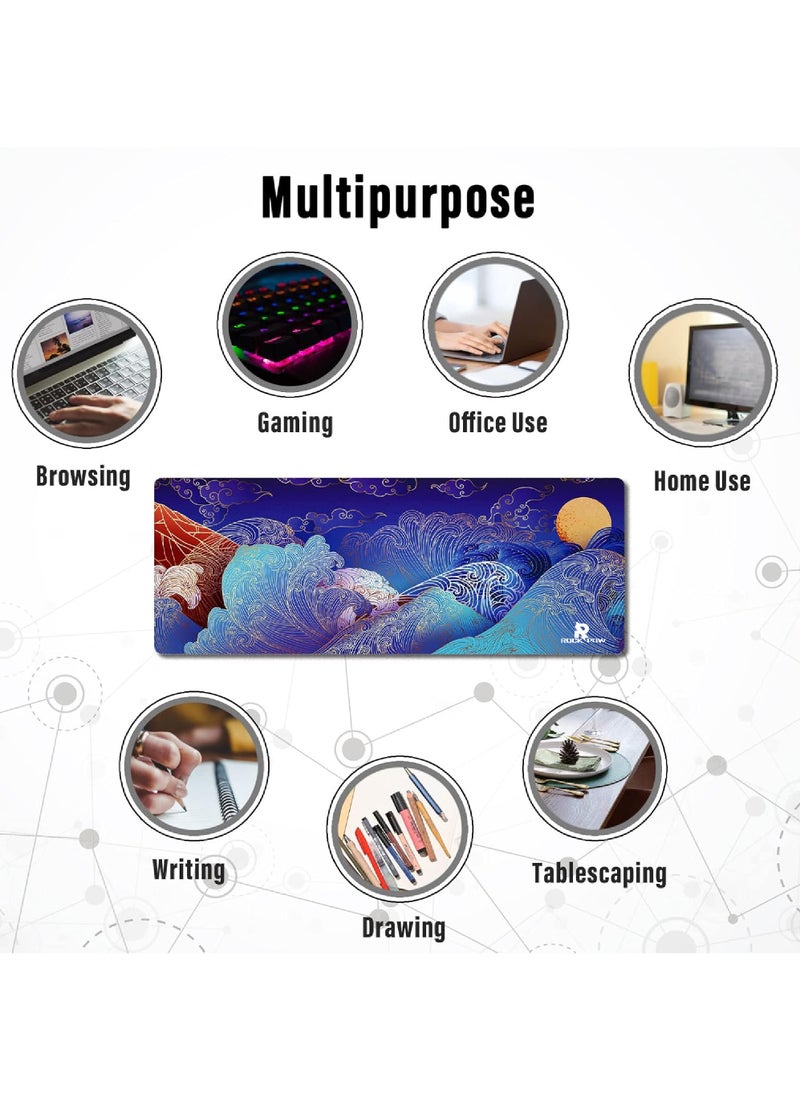 Rock Pow - Large Gaming Mouse Pad with Stitched Edges, Japanese Wave and Sun Desk Mat, Extended XL Mousepad with Anti-Slip Base, Cute Minimalist Desk Pad for Keyboard and Mouse,800X300X3MM - Image 1