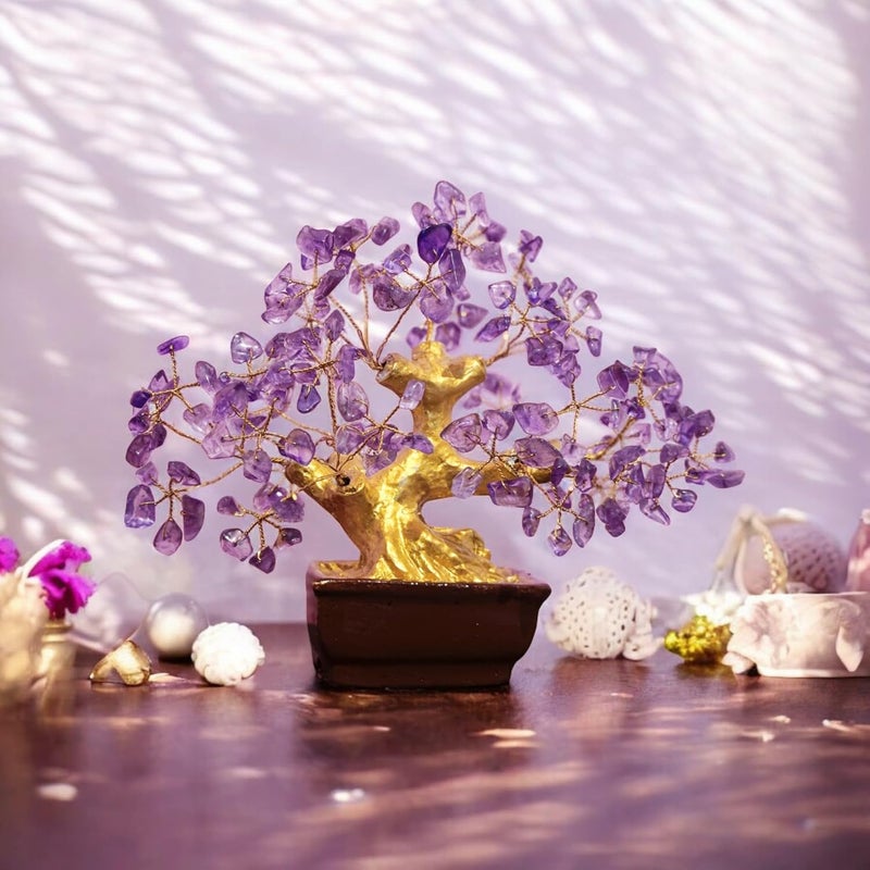 Generic Amethyst Crystal Bonsai Tree 76 cm Brown Ceramic Pot GoldToned Trunk Purple Gemstone Leaves Feng Shui Decor Tree for Home use and tample Decor Tree - Image 2