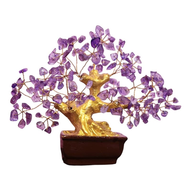 Generic Amethyst Crystal Bonsai Tree 76 cm Brown Ceramic Pot GoldToned Trunk Purple Gemstone Leaves Feng Shui Decor Tree for Home use and tample Decor Tree - Image 1