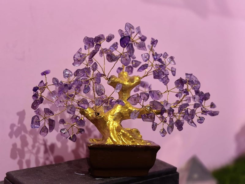 Generic Amethyst Crystal Bonsai Tree 76 cm Brown Ceramic Pot GoldToned Trunk Purple Gemstone Leaves Feng Shui Decor Tree for Home use and tample Decor Tree - Image 5