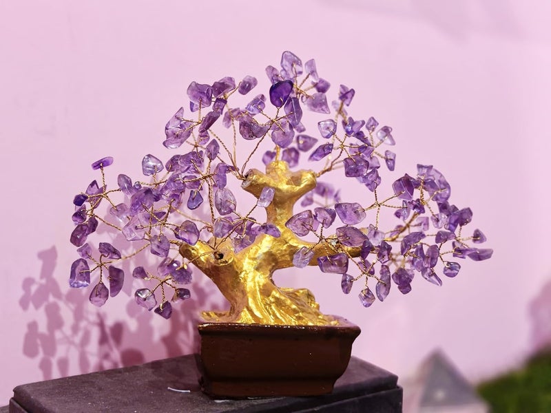 Generic Amethyst Crystal Bonsai Tree 76 cm Brown Ceramic Pot GoldToned Trunk Purple Gemstone Leaves Feng Shui Decor Tree for Home use and tample Decor Tree - Image 4