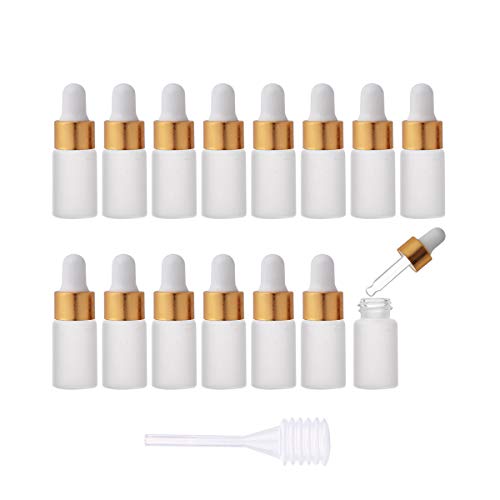 Enslz 15pcs 3ml Mini Empty Frosted Essential Oil Glass Dropper bottle Reusable Bottles Vial Nasal Oil dropper refillable bottle with Metal Screw Mouth lid&rubber Bulb (3ml, Gold) - Image 1