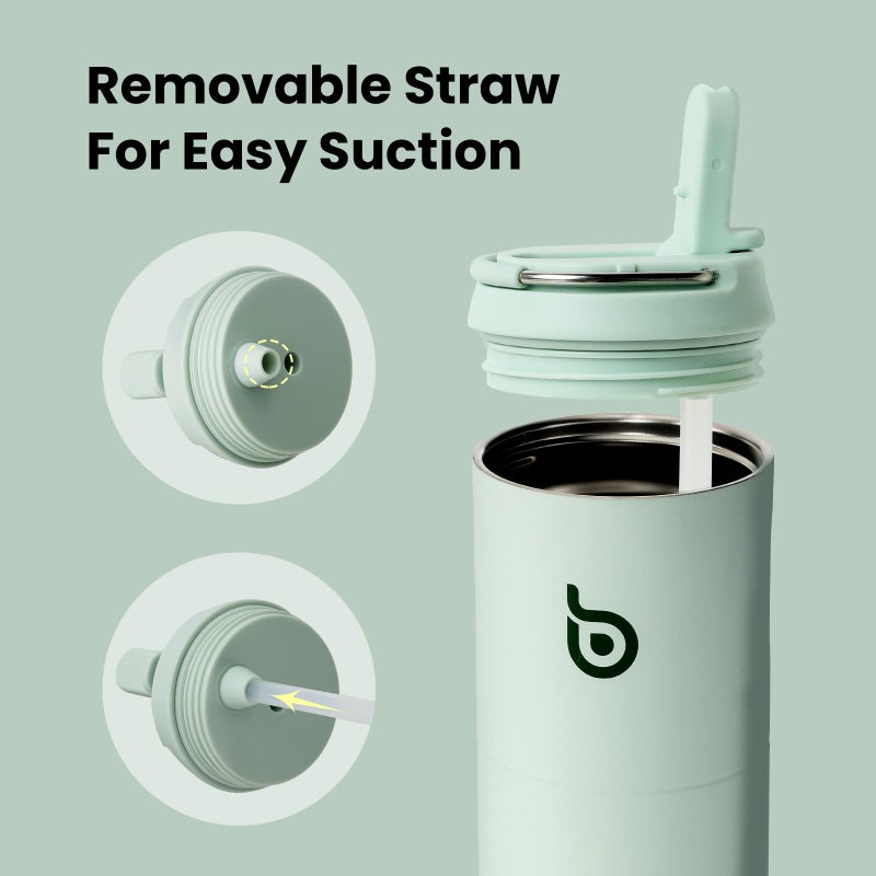 bottle bottle زجاجة زجاجة زجاجة ماء معزولة سعة 24 أونصة مع غطاء قشة ومقبض للسفر الرياضي في صالة الألعاب الرياضية زجاجات ماء من الفولاذ المقاوم للصدأ مزدوجة الجدار فراغ معدني مقاوم للتسرب خالي من BPA (أخضر فاتح) - Image 5