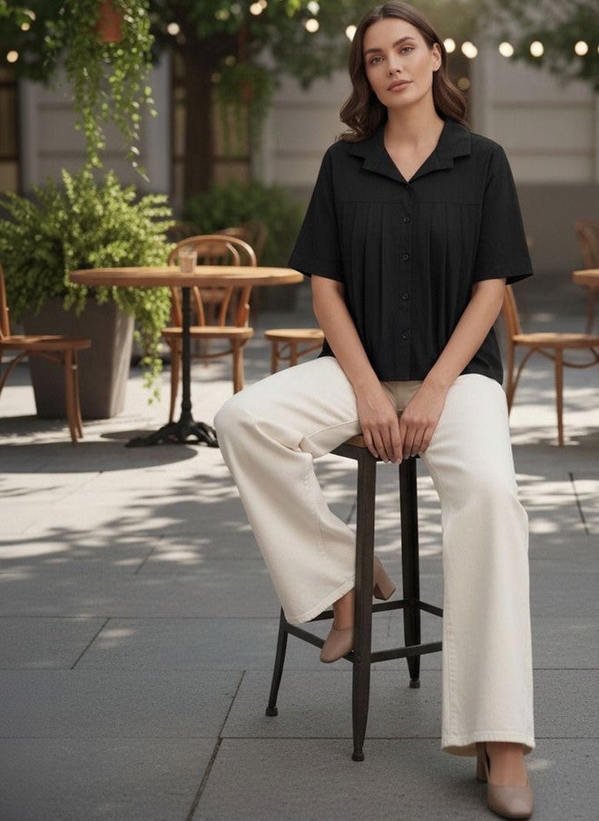 Women Basket Black Gathered Pleated Regular Top for Women - Image 1
