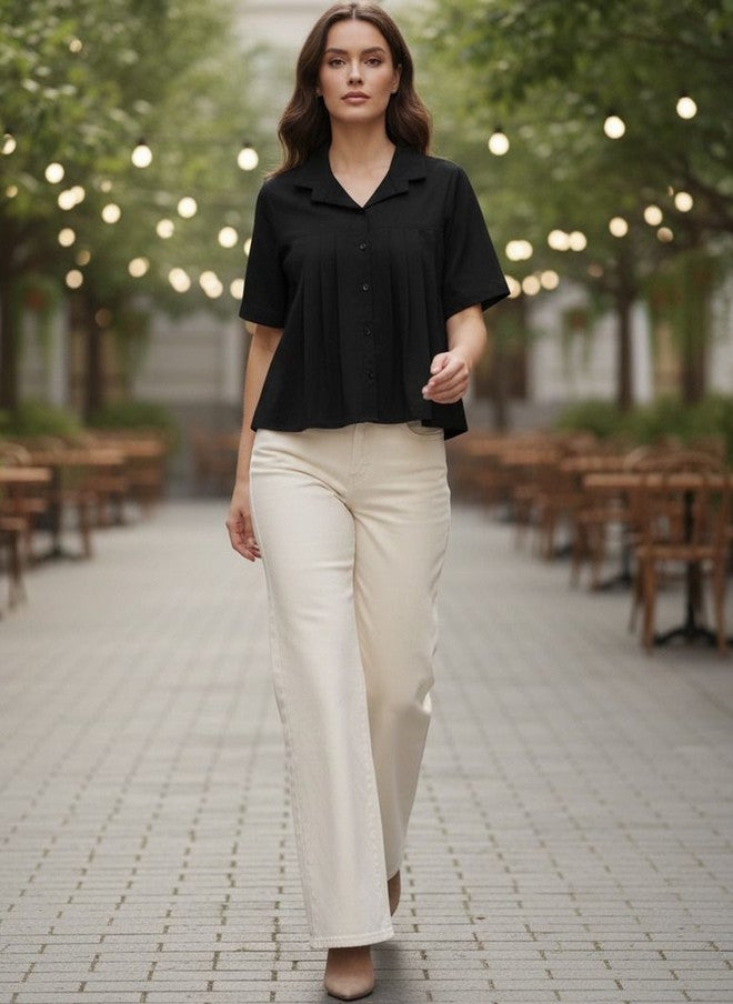 Women Basket Black Gathered Pleated Regular Top for Women - Image 2