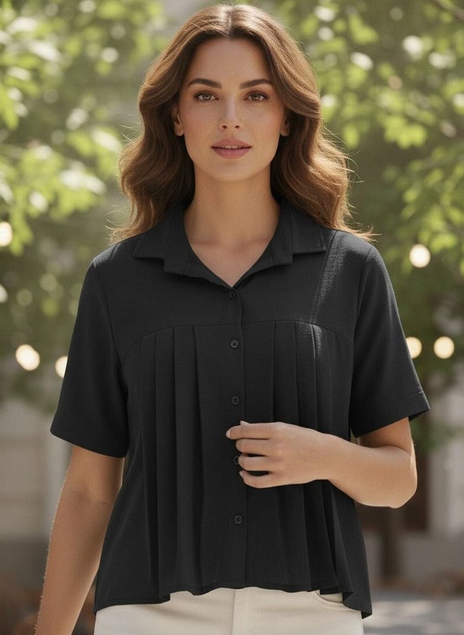 Women Basket Black Gathered Pleated Regular Top for Women - Image 4